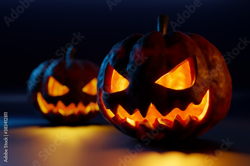3d illustration two large orange pumpkins with cut out passionate eyes and crooked smiles glow in the dark on a black background. The concept of Halloween characters