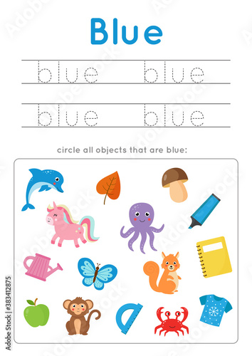 Learning blue color for preschool kids. Writing practice.
