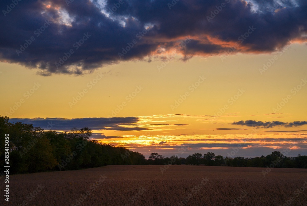 This scenic image shows a peaceful sunset landscape over secluded small town fields and trees. 