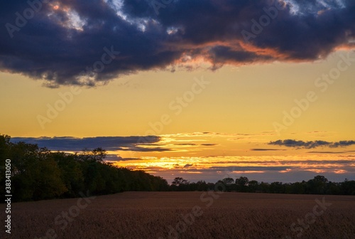 This scenic image shows a peaceful sunset landscape over secluded small town fields and trees. 
