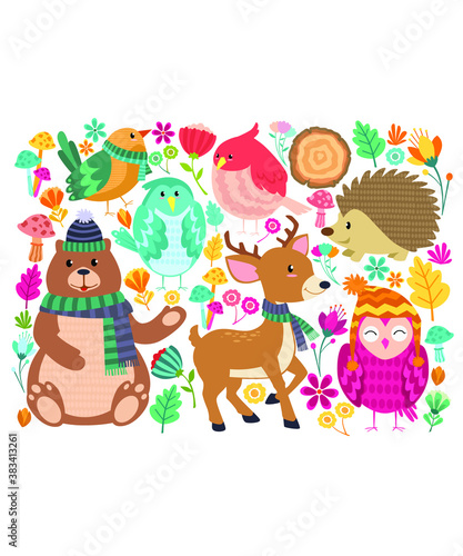 Autumn animal pattern mascot cartoon in vector