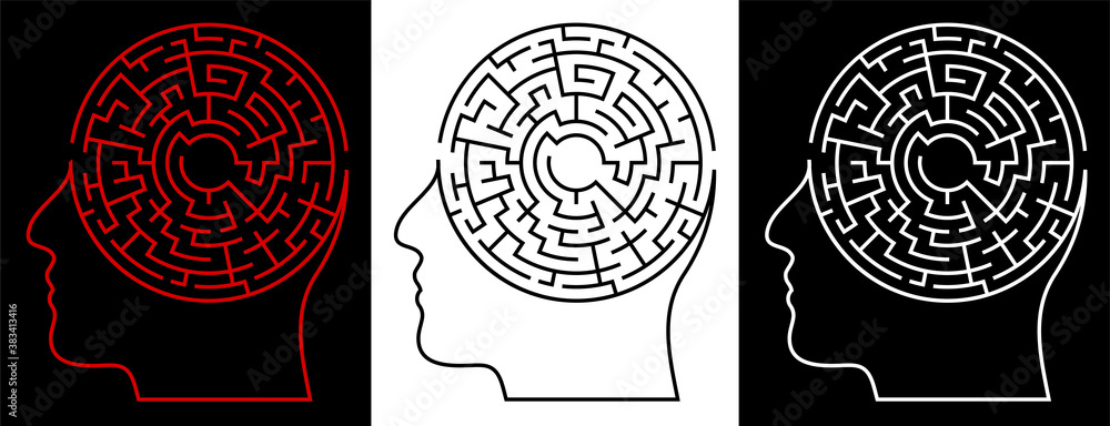 Fototapeta premium Human head with labyrinth, maze inside. Making difficult decisions. Brainstorm. Creative and logical thinking. Vector