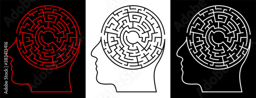 Human head with labyrinth, maze inside. Making difficult decisions. Brainstorm. Creative and logical thinking. Vector