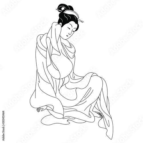 Seated Japanese lady in kimono. Traditional retro style. Black and white linear silhouette.