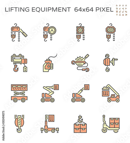 Winch icon and other lifting equipment icon such as scissor lift, cherry picker, reach stacker etc for vary work and industry such as construction, production, rection, maintenance and warehousing. 