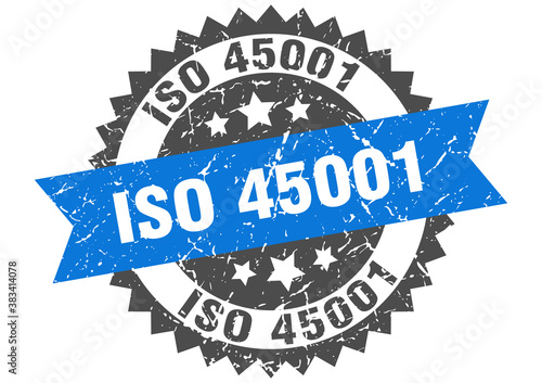 iso 45001 stamp. grunge round sign with ribbon