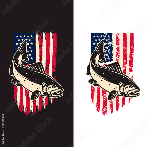 Illustration of salmon fish of background of usa flag in grunge style. Design element for poster,card, banner, sign, emblem. Vector illustration