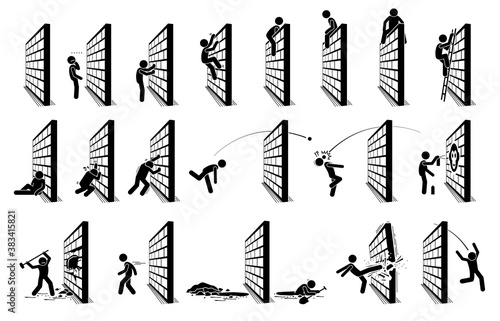 Man with a wall stick figure pictogram icons. Vector illustration concept of challenge, road block, and hurdle.