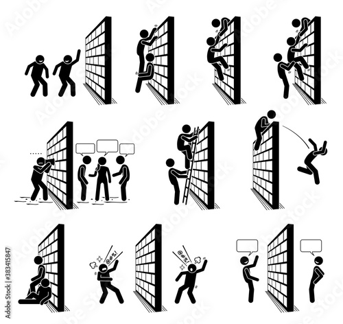 People with a wall stick figures pictogram icons. Vector illustration of people climbing over a wall, and standing on the other side of the wall.