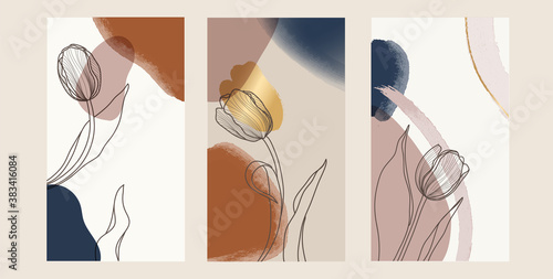 Luxury tulip background vector with golden metallic decorate wall art