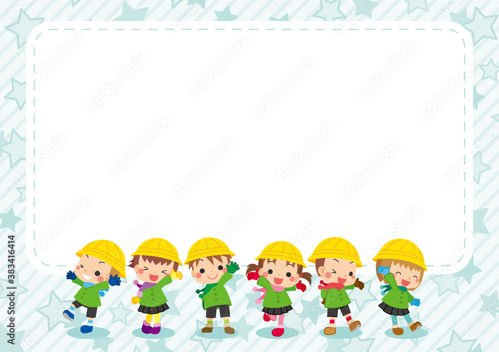 Fototapeta 冬服を着た可愛い幼稚園児キッズグループのイラスト 星柄背景のフレーム Naklejamy Com Fototapeta 冬服を着た可愛い幼稚園児キッズグループのイラスト 星柄背景のフレーム Naklejamy Com