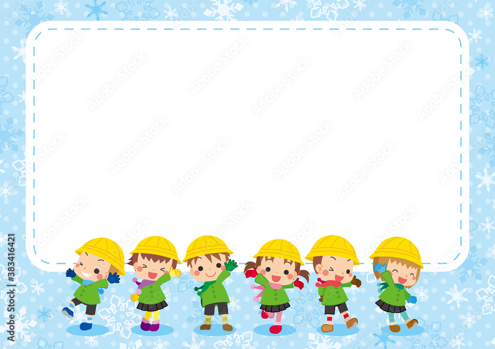 冬服を着た可愛い幼稚園児キッズグループのイラスト　雪の結パターンのフレーム