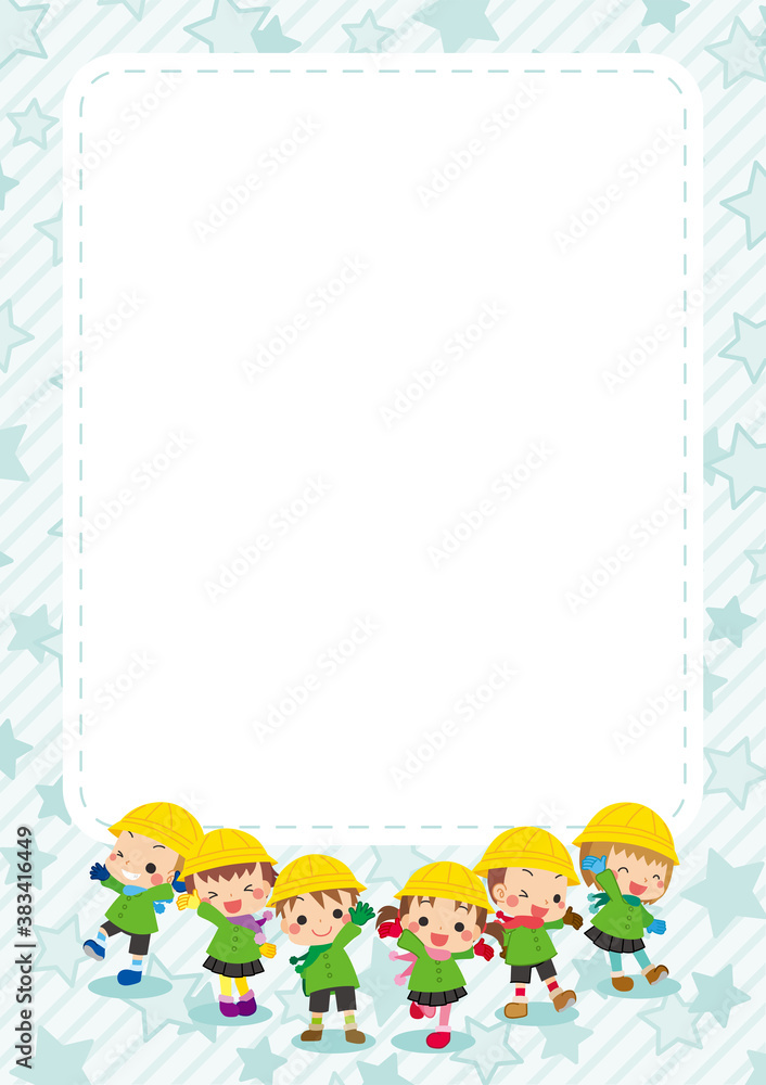 冬服を着た可愛い幼稚園児キッズグループのイラスト　星柄背景のフレーム