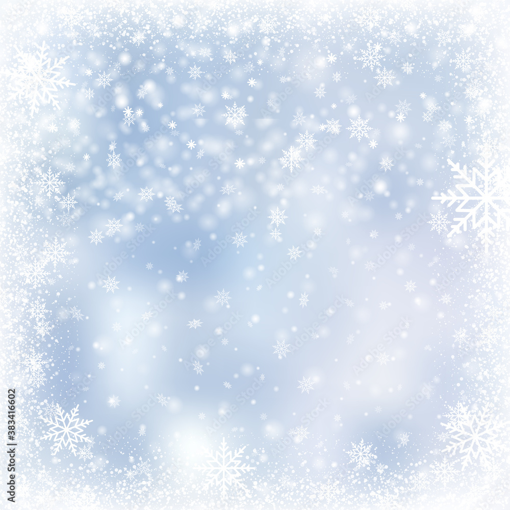 Christmas or Happy New Year card with falling snowflakes and watch on blue sky. Vector