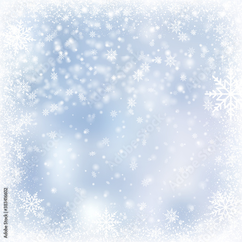 Christmas or Happy New Year card with falling snowflakes and watch on blue sky. Vector © Azad Mammedli