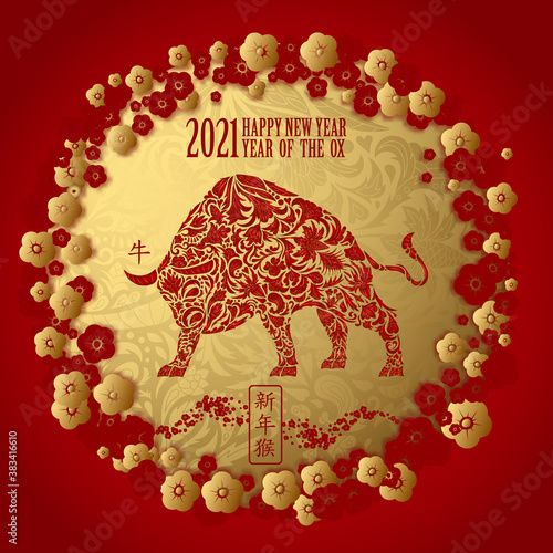 2021 Chinese New Year vector illustration with doodle ox silhouette, flowers, Chinese typography Happy New Year, ox. Gold on red. Flat style design. Concept holiday card, banner, poster, decor element