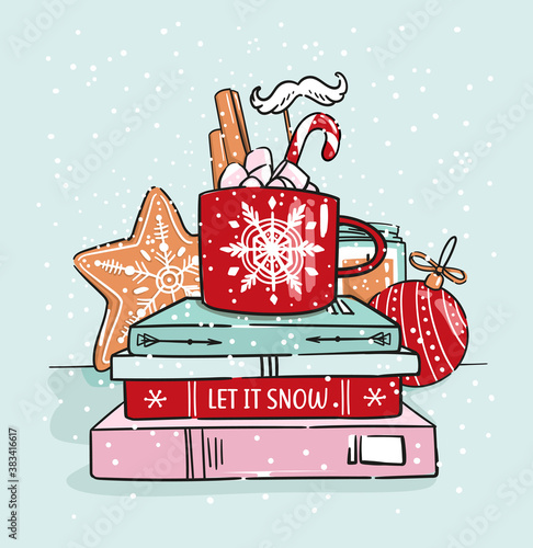 Red cup of christmas coffee with marshmallows, cinnamon sticks, candy cane and gingerbread cookie. Xmas greeting vector card
