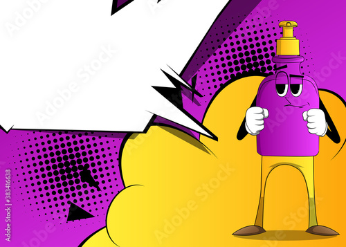 Cartoon bottle of hand sanitizer gel for hygiene with face holding his fists in front of him ready to fight. Vector illustration.