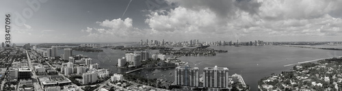 Black and white aerial panorama Miami Beach Biscayne Bay