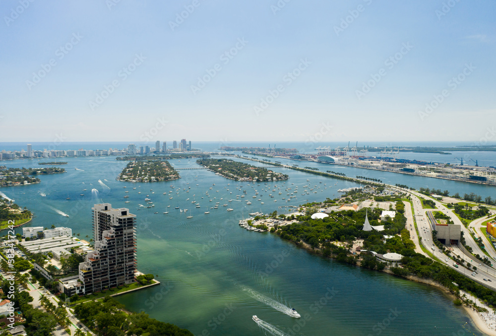 Beautiful aerial scene Miami Beach islands and boats
