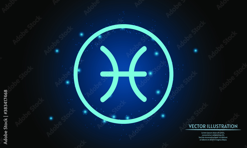 glowing pisces zodiac sign on dark blue background of the space with shining stars. zodiac glowing backgraound. Neon zodiac sign glowing pisces zodiac sign on dark blue background of the space with shining stars. zodiac glowing backgraound. Neon zodiac sign
