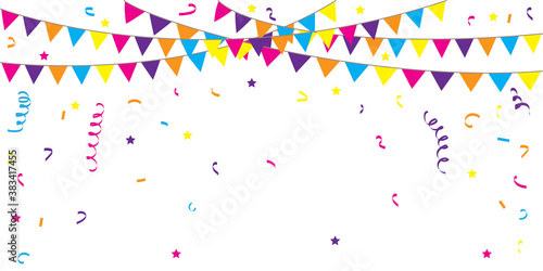 Confetti and birthday flags. Banner for a carnival holiday party. Fiesta decoration. Vector illustration. Stock image.