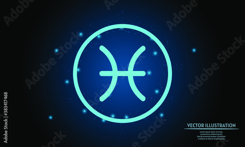 glowing pisces zodiac sign on dark blue background of the space with shining stars. zodiac glowing backgraound. Neon zodiac sign