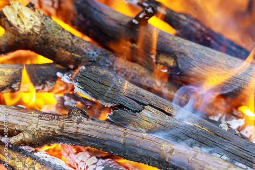 Abstract background of fire, flame and wood logs.