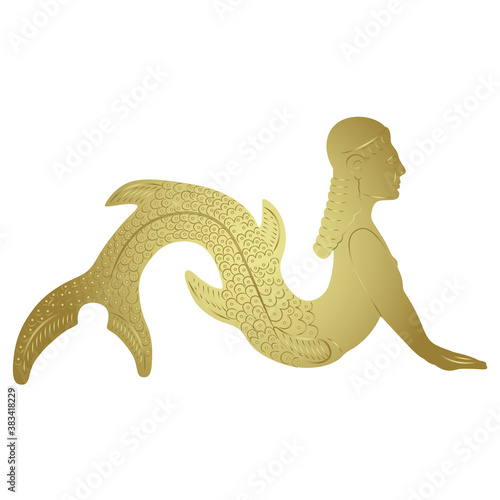 Antique mermaid or siren. Fantastic lady with fish tail. Aquatic mythological creature. Monochrome golden silhouette.