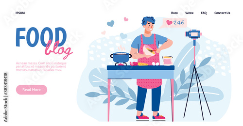 Website template for food blogging or food hunter review, foodie blog for social media. Food blogger preparing food and filming a process, flat cartoon vector illustration.