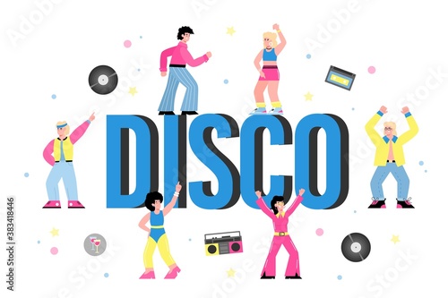 Disco big inscription and dancing people cartoon characters flat vector illustration isolated on white background. Banner for disco retro dance and music party.