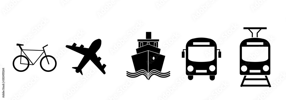 Transport icons. Airplane, Public bus, Train, Ship/Ferry and auto signs. Transport icons. Airplane, Public bus, Train, Ship/Ferry and auto signs.