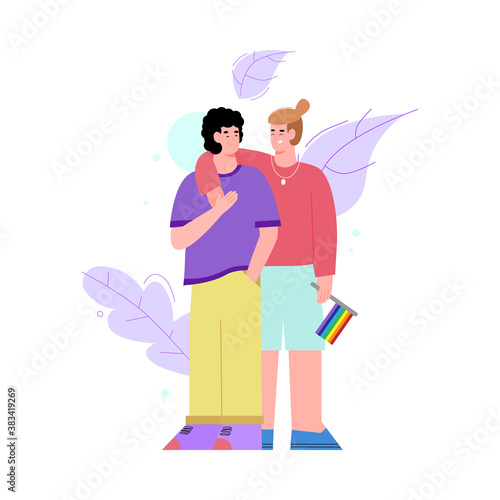 Hugging LGBT couple of lovers gay with rainbow flag. Adult young men who have entered into a same-sex relationship. Flat vector illustration isolated on a white background.