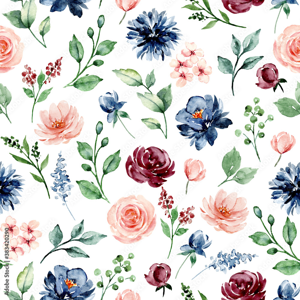 Seamless background, floral pattern with watercolor flowers pink, blue and burgundy colors. Repeat fabric wallpaper print texture. Perfectly for wrapping paper, backdrop.