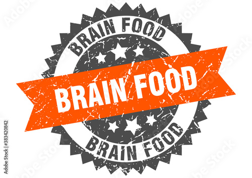 brain food stamp. grunge round sign with ribbon