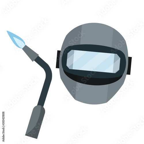 Welding machine and mask. Clothing and safety equipment. Protection and helmet of worker. Engineer and welder. Technology and industry. Cartoon flat illustration