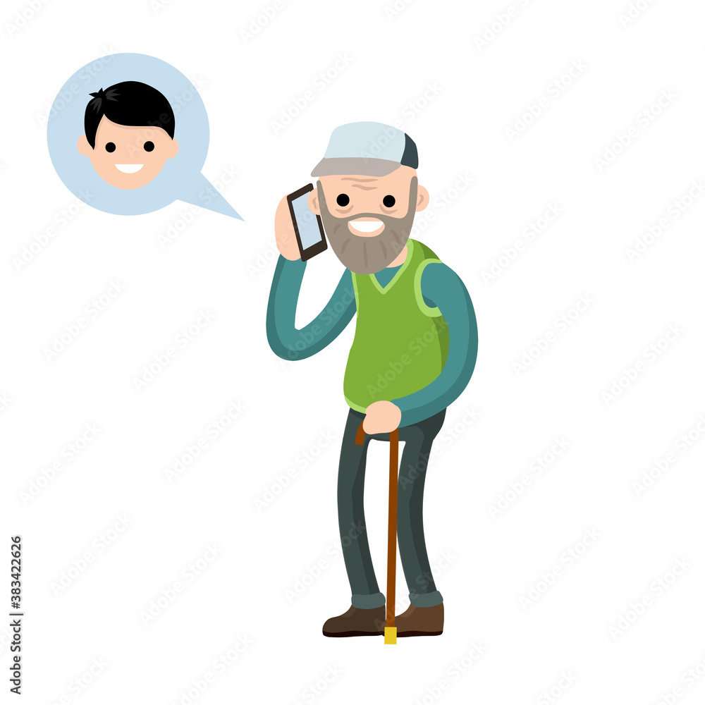 Grandfather call grandson on phone. Talk old Senior man and boy. Cartoon flat illustration. Communication generations. Family and friendship. Cane and glasses. Lifestyle and pastime of elder pensioner