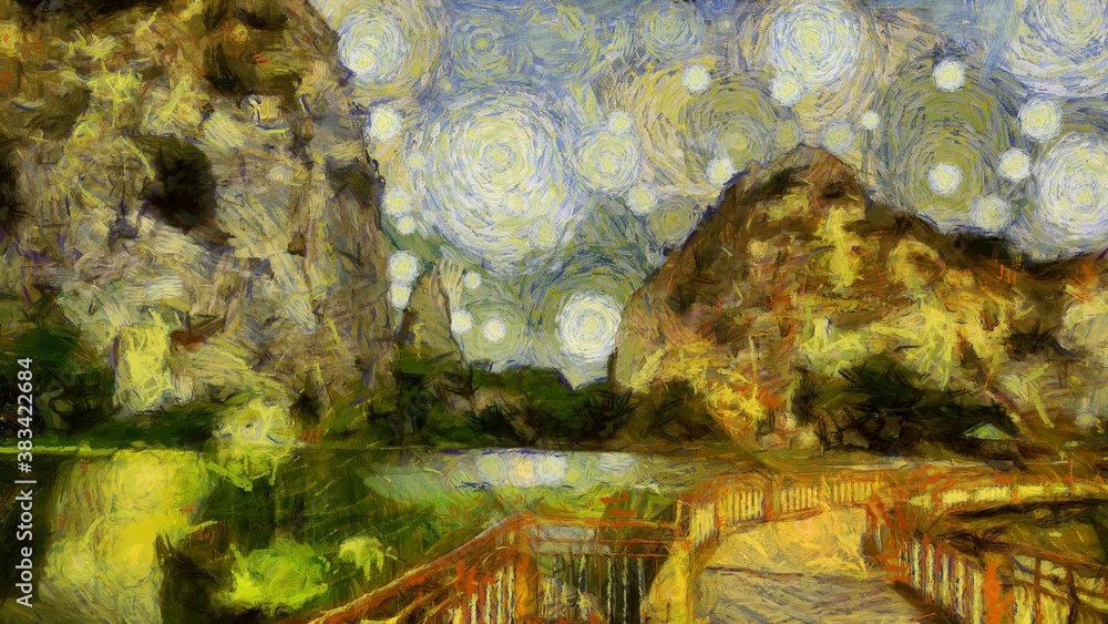 Landscape of mountains and walkways Illustrations creates an impressionist style of painting.