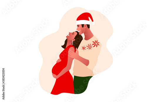 Young beautiful couple celebrating Christmas. Girl holds pregnant belly. Christmas hat, gifts, happiness vector illustration. Young parents. New Year 2021 celebration. Traditional green and red color.
