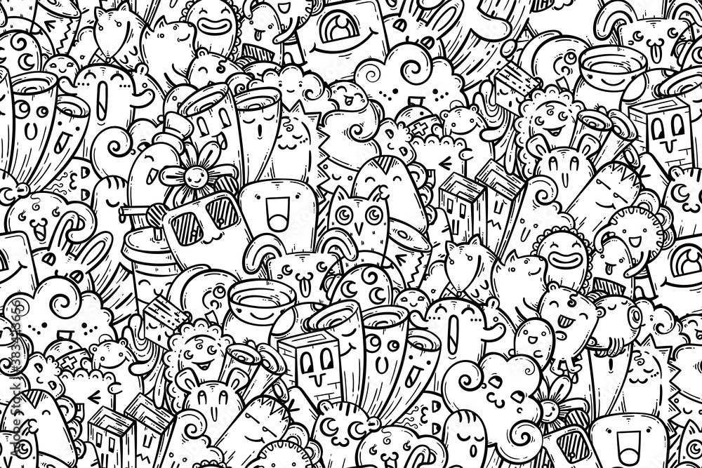 Kawaii doodle smiling monsters seamless pattern for child prints, designs and coloring books. Panda bear, candy, flower, owl, rabbit, tea Kawaii doodle smiling monsters seamless pattern for child prints, designs and coloring books. Panda bear, candy, flower, owl, rabbit, tea