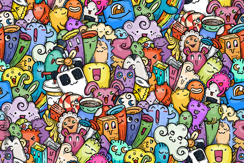 Kawaii doodle smiling monsters seamless pattern for child prints  designs and coloring books. Panda bear  candy  flower  owl  rabbit  tea