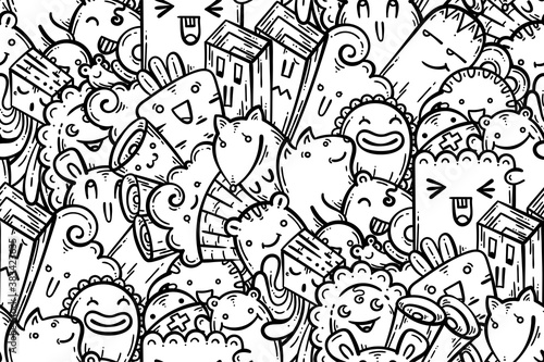 Kawaii doodle smiling monsters seamless pattern for child prints, designs and coloring books