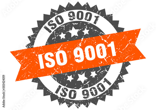 iso 9001 stamp. grunge round sign with ribbon