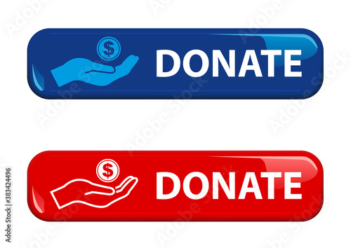 Shiny Donate Button for Your Website Projects in Red and Blue Color - Isolated Illustrations on White Background, Vector