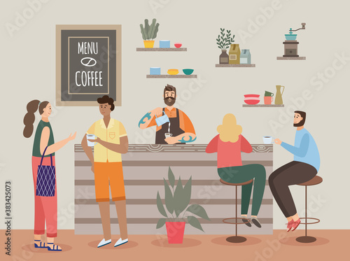 People in coffeeshop and barista serving coffee, flat vector illustration.