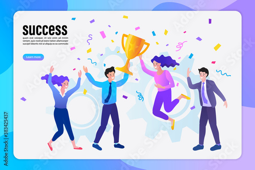Team success and victory celebration. A group of happy business people or colleagues are jumping and cheering with a gold trophy and confetti. Vector illustration for teamwork and achievement.