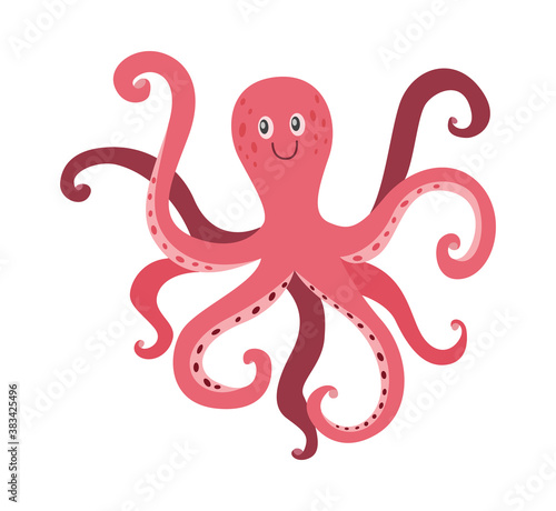 Cartoon octopus swimming and smiling, flat cartoon vector illustration isolated