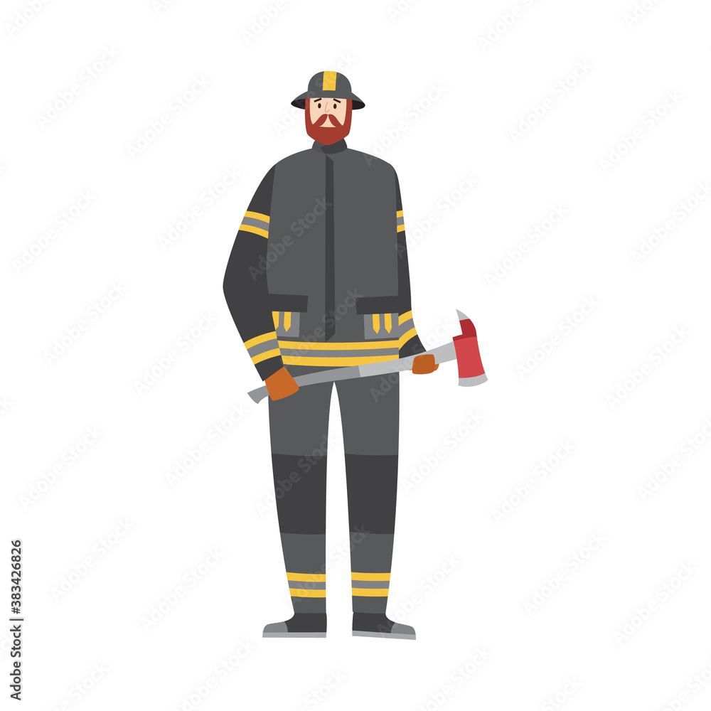 Fireman or firefighter with axe flat vector illustration isolated on white. Fireman or firefighter with axe flat vector illustration isolated on white.
