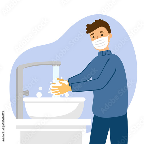 A man wearing medical mask and washing his hands in the sink concept vector illustration. Washing hands under faucet with soap and water. Coronavirus  and bacteria prevention healthcare.