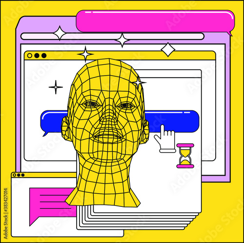 Low poly 3D head, human face structure made of grid. Biometrics, Facial Recognition and Cyber Security concept.